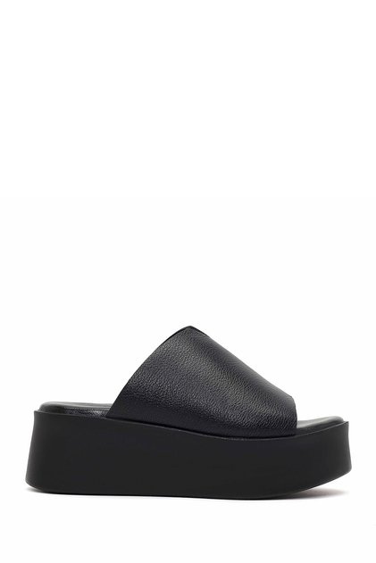 Women's Black Thick-Soled Leather Slippers 26Sfd2036Ft