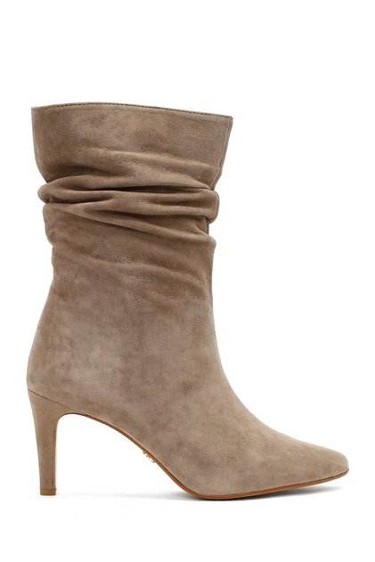 Women's Beige Thin Heeled Suede Leather Boots Af210004Ds