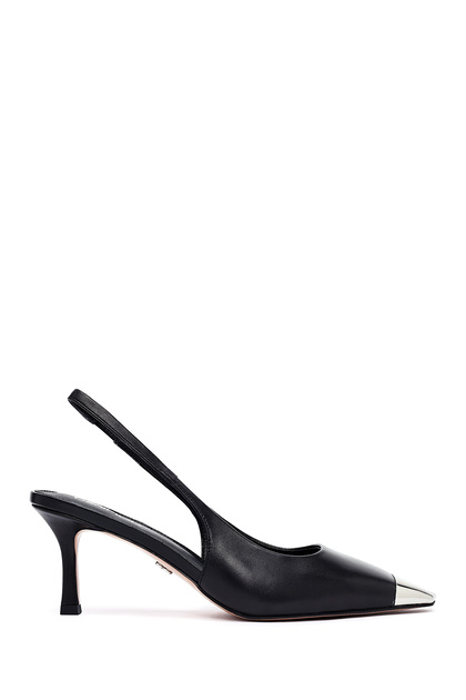 Women's Black Open Back Thin Heeled Leather Shoes 25Sfd494318