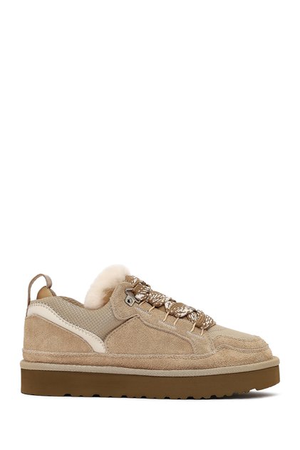 Women's Beige Lace-Up Thick Soled Furry Suede Leather Teddy Sneaker Wf530010Ds