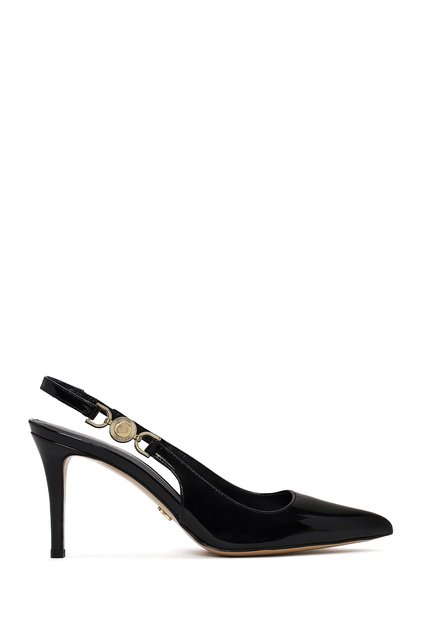 Women's Black Open-Back Thin Heeled Patent Leather Shoes Af110001Dr