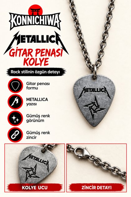 Metallica Necklace – Heavy Metal Rock Necklace with Guitar Pick and Logo Guitar Figure
