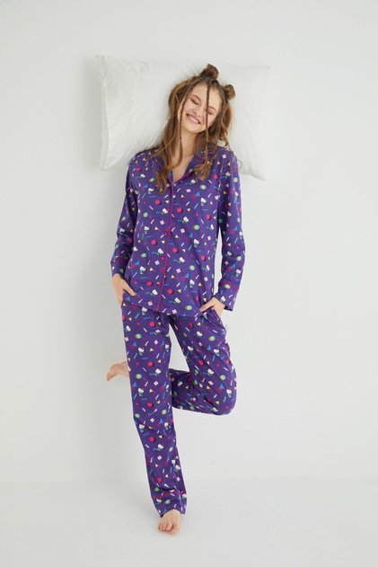 Licensed Buttoned Long Sleeve Pajama Set Roz-68