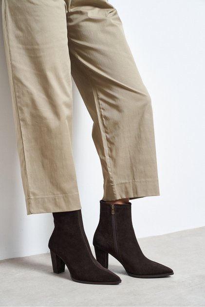 Ken Bitter Coffee Suede Leather Zipper Detail Pointed-Toe Chunky Heel Women's Boots