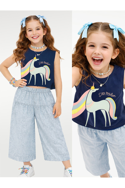 Girls' Two-Piece Unicorn Jersey T-Shirt Woven Wide-Leg Pants Summer 4-10 Years