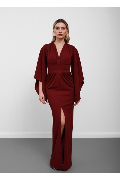 Burgundy V-Neck Corseted Bat Sleeve Long Dress