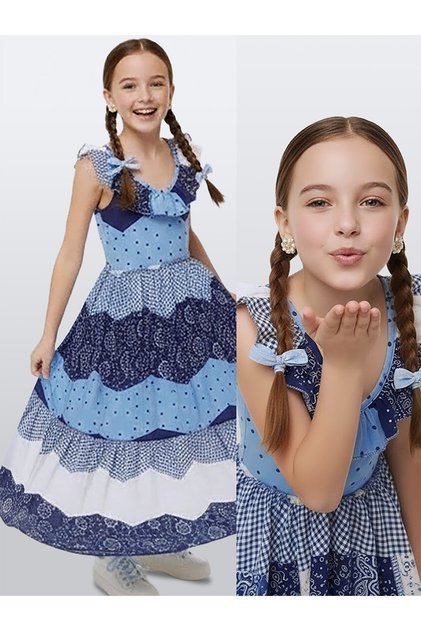 Girl's Long Dress %100 Cotton Poplin Navy Blue White Spring Summer Season 5-10 Years