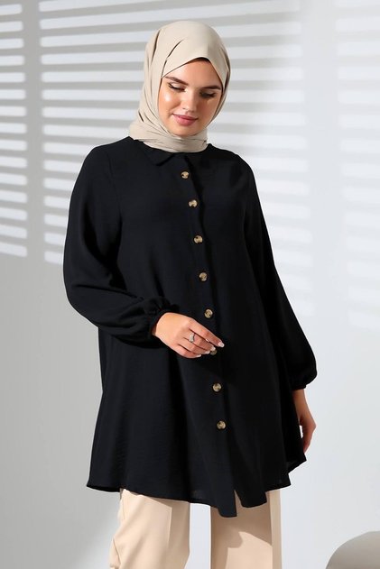 Hijab Tunic Black Shirt Collar Buttoned Elastic Cuffs Aerobin