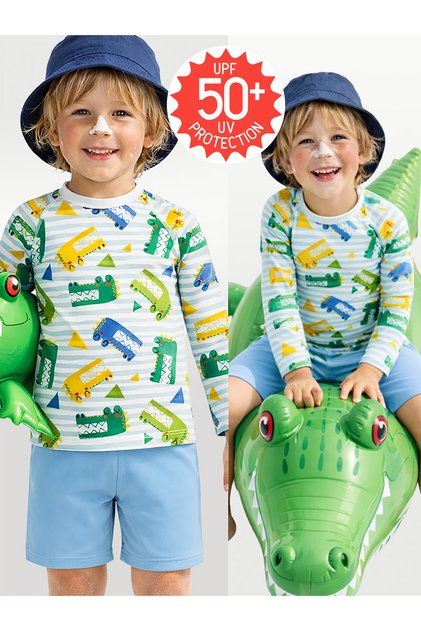 Uv Protection Boys' Swimsuit T-Shirt Uvp+50 Factor Protection Long Sleeve Crocodile