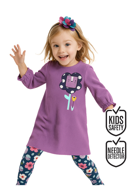 Girls Winter Floral Pattern Velvet Lilac Long Sleeve Ruffle Dress 2-7 Years