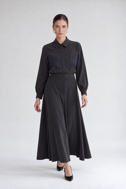 Embroidered Cupra Skirt Set, Anthracite
