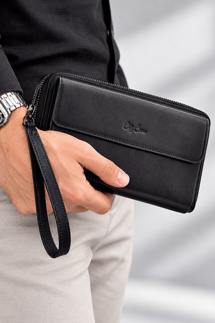 Robert Black Genuine Leather Men's Hand Wallet - with Magnet Closure and Handheld