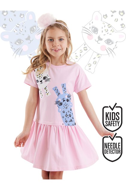 Leopard Skirt Gathered Girls' Pink Summer Combed Cotton Dress