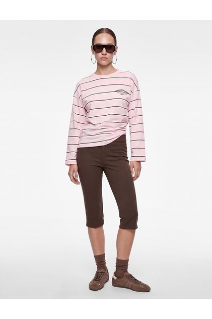 Cotton Comfortable Fit Striped Crew Neck Long Sleeve T-Shirt with Back Print