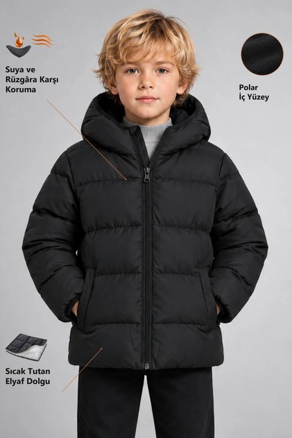 Boys' Black Fleece-Lined Hooded Waterproof Wind-Resistant Puffer Winter Coat & Jacket