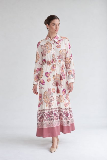 Rose Shirt Collar Waist Rope Detailed Dress
