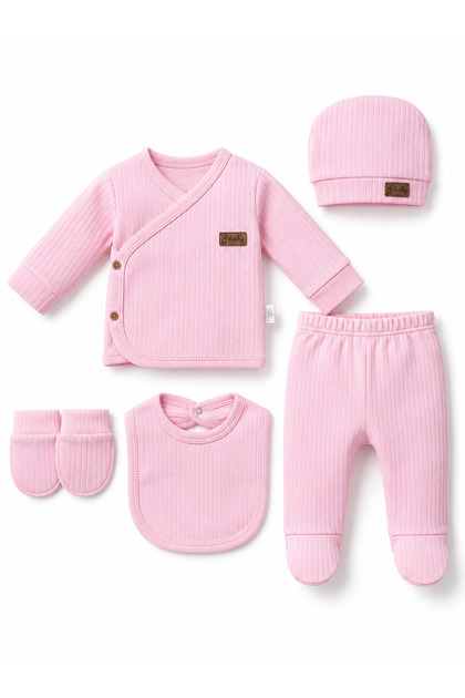 100% Cotton Newborn Baby Hospital Release Set of 5 | 0-3 Months | Hat Top Pants Apron Gloves - Pink