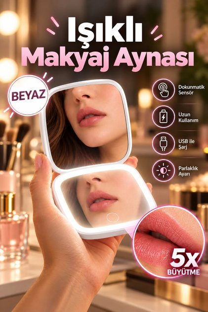 LEDli Makyaj Çantası Aynası, Parlaklık Ayarlı Katlanabilen Seyehat Aynası El Makyaj Aynası