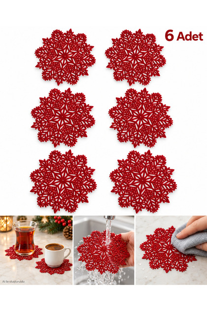 6 Pieces Red Snowflake Non-Slip Coasters Patterned Washable Vinyl Christmas