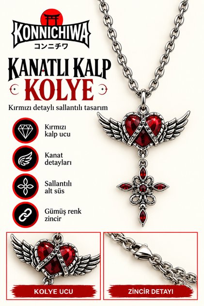 Gothic Winged Heart Pendant – Gothic Pendant with Red Stone Appearance
