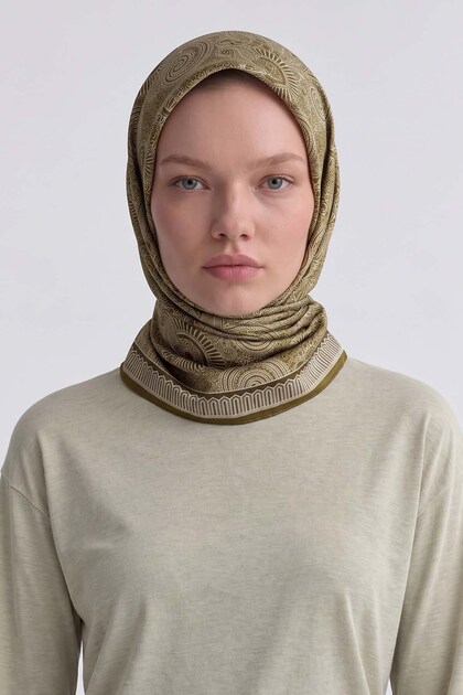 Marvella Scarf with Ethnic Pattern, Olive Green