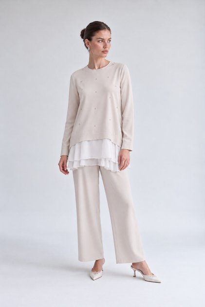Beige Tunic Set with Chiffon Details and Buckle Detail