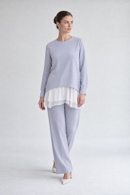 Chiffon-Detailed Tunic Set, Gray