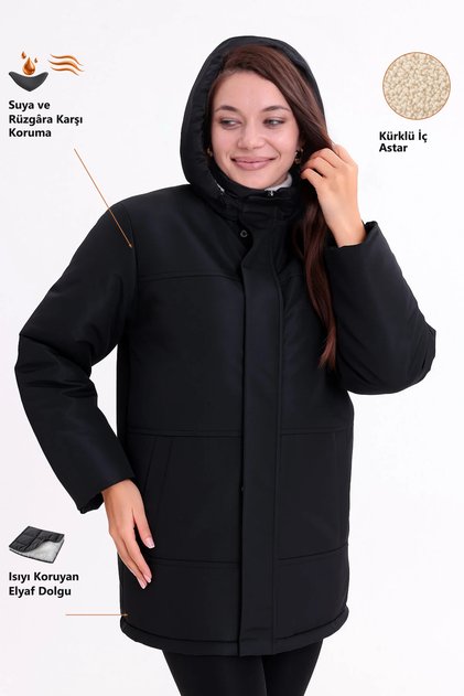 Women's Black Fur Removable Hood Water and Windproof Hooded Winter Regular Coat & Jacket & Parka