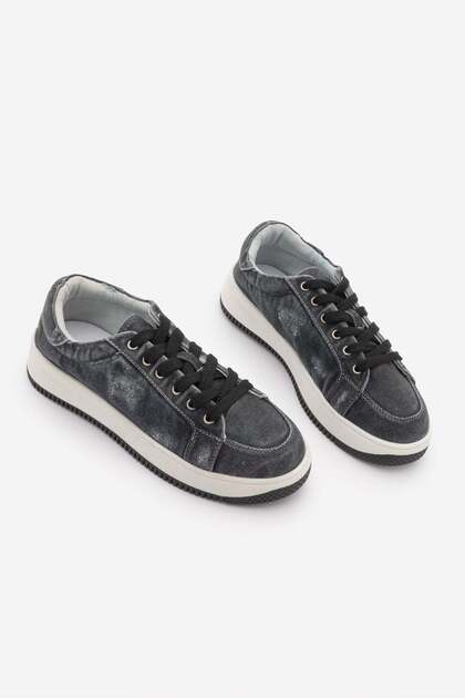 Women's Sneaker Thick Sole Denim Removable Beaded Buckle Sports Shoes Porento Black Denim
