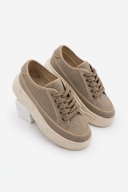 Women's Sneaker High Thick Patterned Ultra Light Sole Lace-Up Sports Shoes Ergu Mink Linen