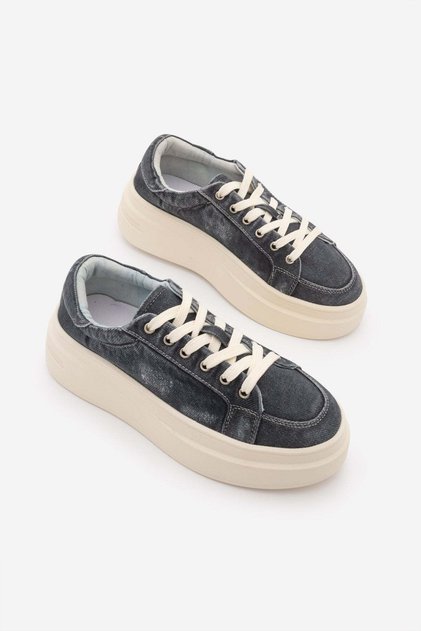 Women's Sneaker Thick Sole Denim Removable Beaded Buckle Sports Shoes Pevosa Black Denim