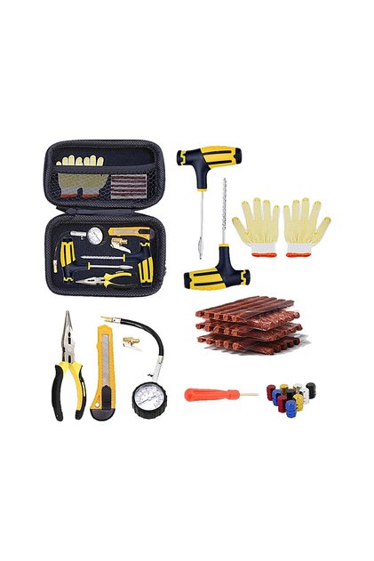 Set reparatie anvelope, kit pana, dopuri cauciuc, adeziv, scule montaj, urgenta drum