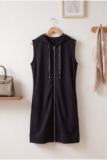 Vestă din bumbac pieptănat, cu glugă, cu fermoar, cu buzunare duble, peste genunchi, stil Hijab - Negru