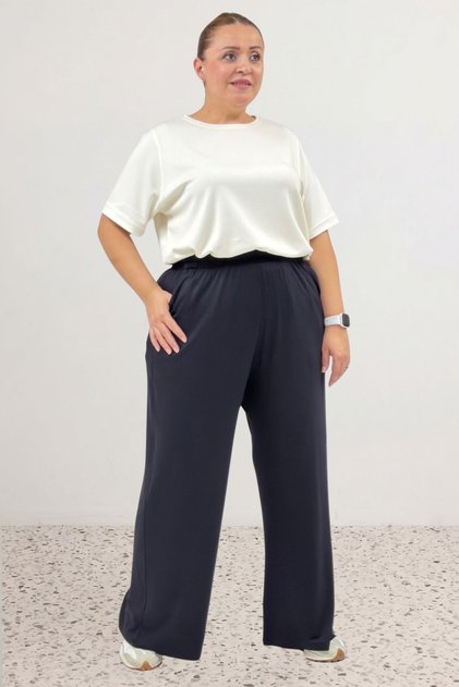 39000 Plus Size High Waist Elastic Wide Leg Combed Cotton Pants - Dark Navy Blue