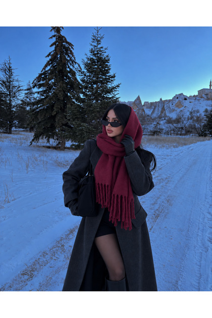 Burgundy Tassel Scarf – Shawl and Wide Construction, Ideal for Cold Weather Sal1296