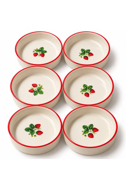 Handmade Ceramic Strawberry Patterned 6-Piece Breakfast Bowl and Snack Bowl Set