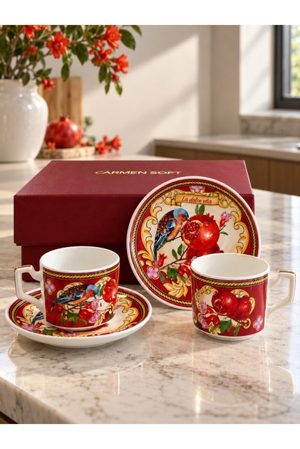 Pomegranate Flower Luxury Coffee Cup Set for 2, in a Special Gift Box, 90 ml