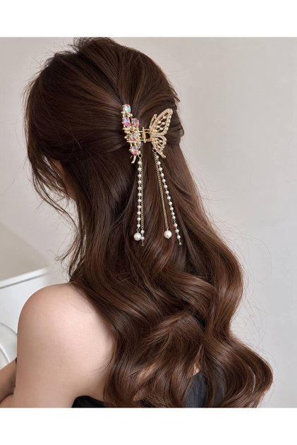 Colorful Crystal Stone and Pearl Dangle Hair Clip