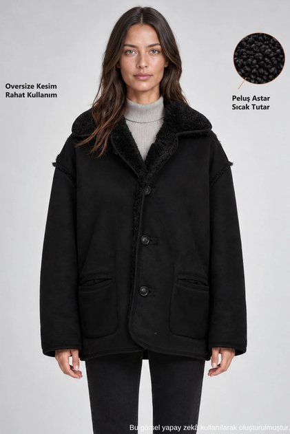 Women's Black Plush Lined Suede Look Oversized Pocket Coat