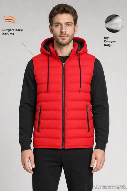 Men's Red Detachable Hooded Slim Fit Puffer Vest with Zipper Pockets