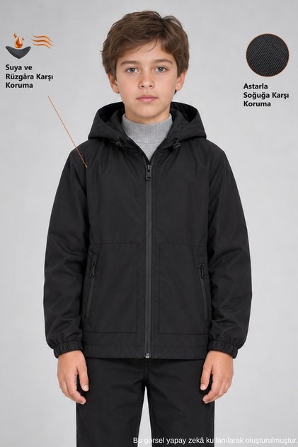 Boy's Black Lined Water and Windproof Hooded Double Zipper Pocket Raincoat