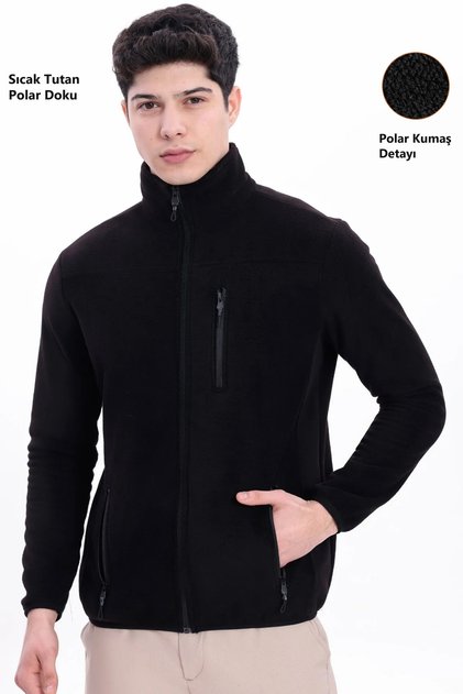 Men's Black Mock Neck Zippered Warm Fleece Jacket with Chest Pockets
