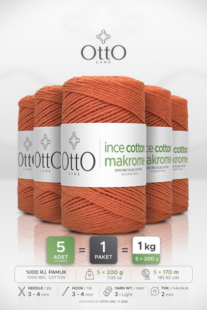 Thin Cotton Macrome • Orange • 5-Pack × 200 Gr / 170 m • 2 mm • Cotton Cord • Macrame, Bags, Accessories