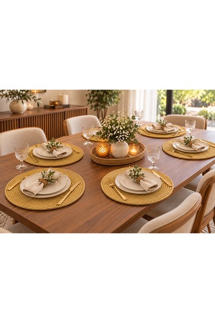 Straw-Colored Jute Placemat 6-Piece Set - Luxury Placemat / Stitched, Non-Unraveling