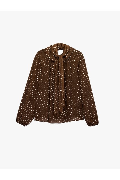 Long-Sleeve Tie-Back Stand Shawl-Collar Polka-Dot Chiffon Blouse