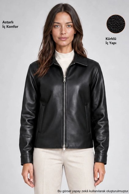 Women's Black Fur Collared Comfortable Fit Leather Jacket