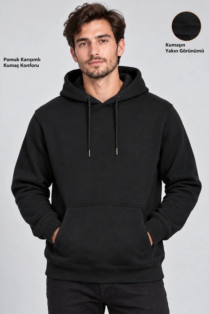 Men's Black Hooded Basic Slim Fit Sweatshirt with Pockets