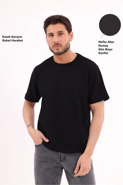 Men's Black Oversize Oysho T-Shirt – Breathable, Soft Textured, Anti-Sweat, Comfortable Fit, Basic