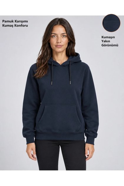 Women's Navy Blue Hooded Basic Slim Fit Sweatshirt with Pockets