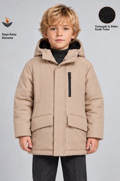 Boy's Stone Fur Water and Windproof Hooded 3 Winter Coats & Parkas